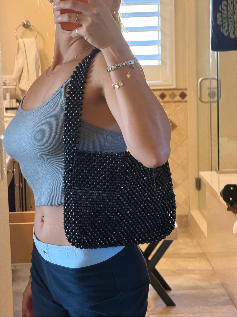 Black Beaded Shoulder Bag Vacation Resort Purse 
Chic Evening or day Bag